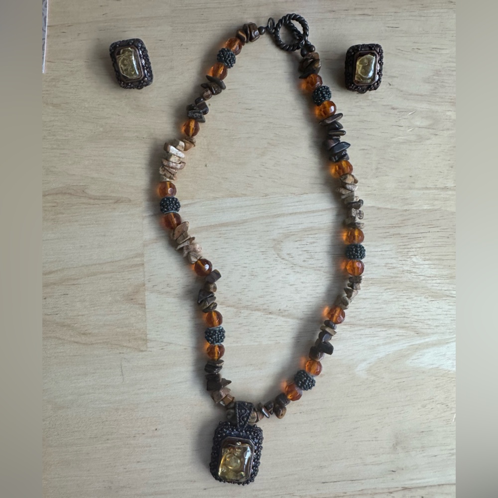 Amber and Brown Beaded Necklace and Earring Set